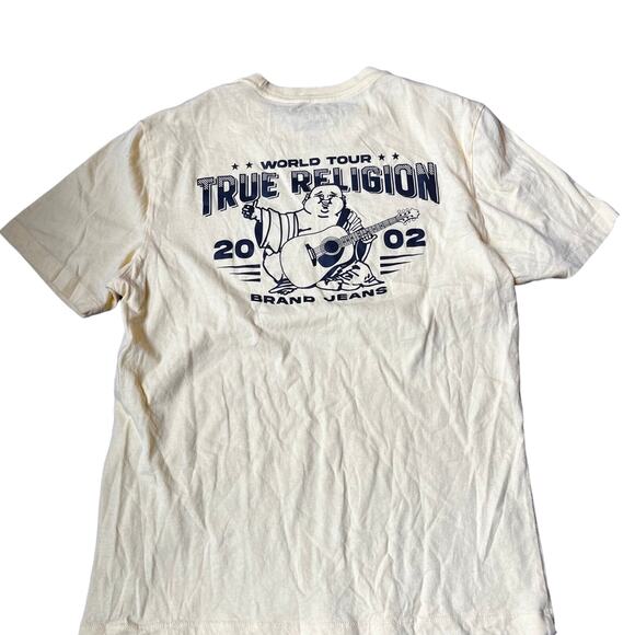 Y2K True Religion Men's MD Pale Yellow Buddha Guitar 2002 Tour Graphic T-shirt - Picture 1 of 5